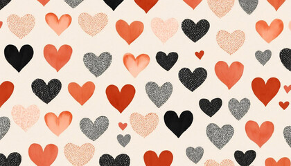 Fototapeta premium A seamless pattern of hearts in various shades of orange-red and black, on a cream-colored background. Valentines Day Pattern.