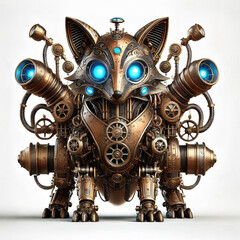 Mechanical steampunk fox with bronze plates, glowing blue eyes, and steam vents walking through a misty industrial forest