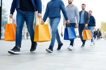  Grupo de hombres caminando en una calle urbana con bolsas de compras de colores vibrantes,...