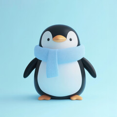 Fototapeta premium Cute cartoon penguin wearing a blue scarf standing against a light blue background, AI