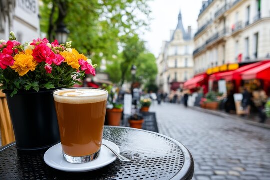  Una taza de capuchino en una mesa al aire libre adornada con flores, ubicada en una calle parisina con edificios hist&oacute;ricos y caf&eacute;s coloridos al fondo.
