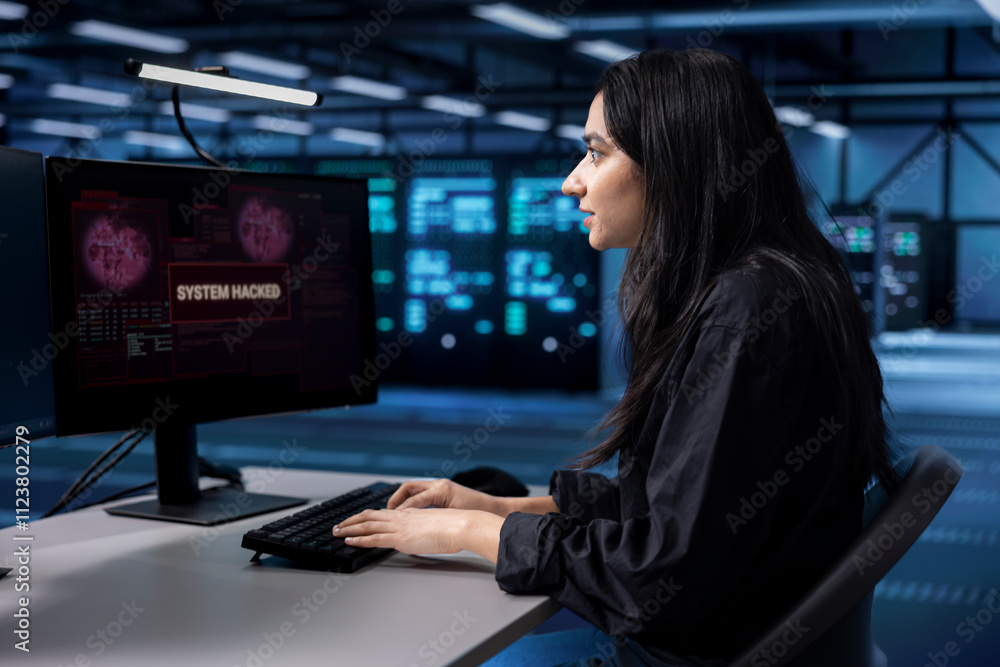 Poster technician in server farm facility frightened by hacker passing company firewall and stealing data. 
