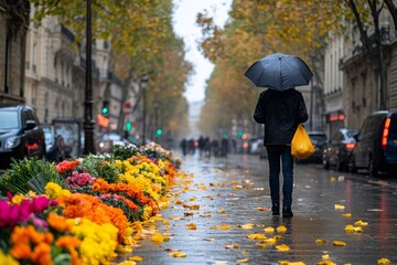  Persona caminando bajo la lluvia con un paraguas en una calle llena de flores coloridas.
