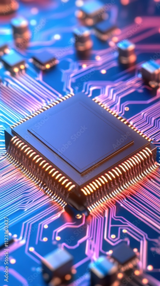 Poster close-up of a microchip on a vibrant circuit board with glowing connections, symbolizing advanced te