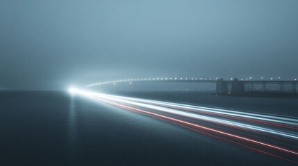 Obraz premium Light trails on highway bridge at night, foggy.