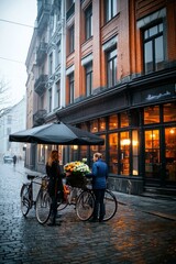  Puesto de flores en bicicleta en una calle iluminada por la noche.
