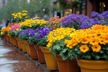  Filas de flores en macetas coloridas en una calle húmeda después de la lluvia.
