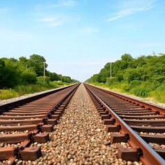 Fototapeta premium a perspective view of railway tracks stretching into the distance, surrounded by lush greenery and a clear blue sky