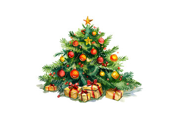 Christmas tree with decorative red balls ornament and gift boxes. Festive watercolor illustration composition with creative baubles decoration isolated on transparent background. PNG, cutout.