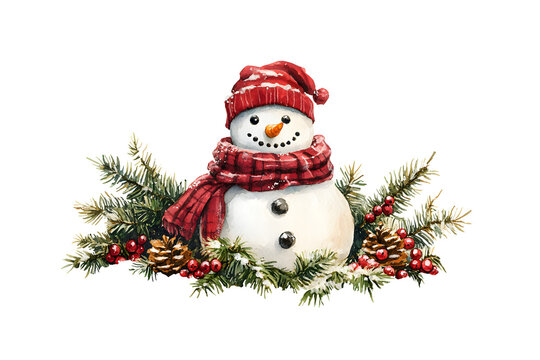 recommend clip art: Cute snowman in a hat and scarf with christmas tree branches, snow and red berries decoration. Festive watercolor illustration clipart composition isolated on transparent background. PNG, cutout.