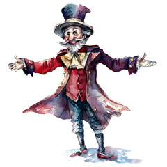 Obraz premium Traditional drosselmeyer, wizard, puppeteer character from vintage fairy tale nutcracker. Festive christmas watercolor illustration clipart isolated on transparent background. PNG, cutout.