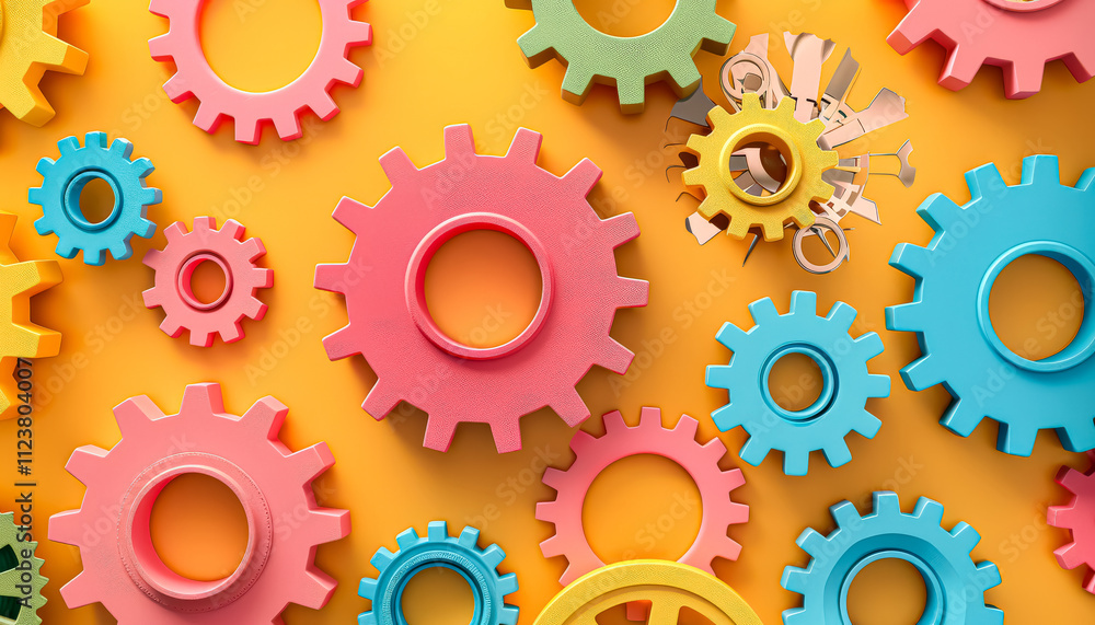 Poster colorful collection of gears with a yellow background. the gears are of different colors and sizes, 