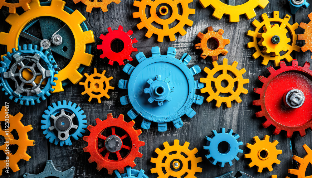 Poster collection of colorful gears with a mix of red, yellow, and blue. concept of creativity and innovati