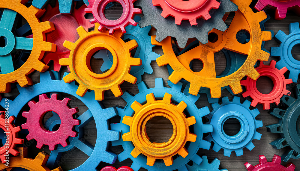 Poster collection of colorful gears with a mix of red, yellow, and blue. concept of creativity and innovati