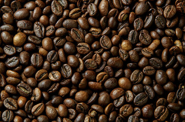 Obraz premium Coffee beans close-up roasted brown texture background aromatic caffeine beverage ingredient macro photography high resolution food and drink concept