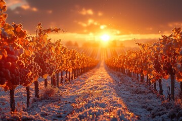 Rows of grapevines glimmering in frost as the sun rises over the vineyard in early morning light