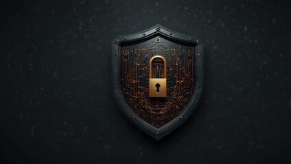 A metallic shield with a circuit pattern featuring a golden padlock in the center, symbolizing security and protection.