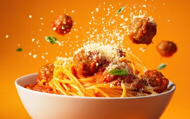 A bowl of spaghetti with meatballs and marinara sauce flying apart with parmesan sprinkles on a fiery orange studio background
