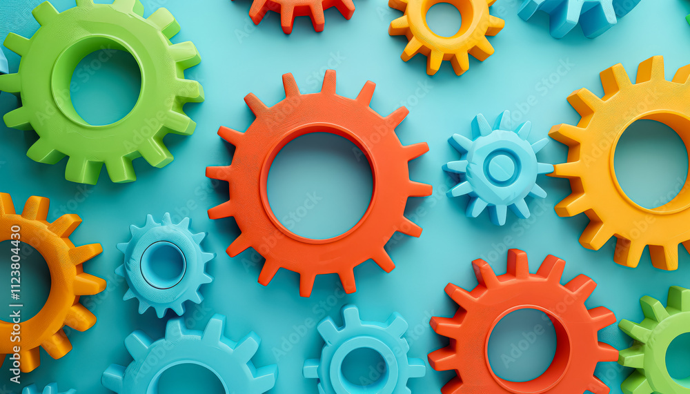 Poster colorful array of gears with one of them being orange. concept of creativity and innovation, as the 
