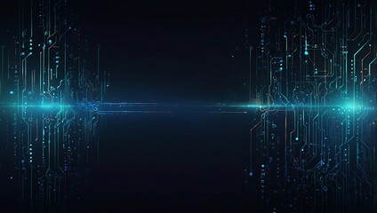 Obraz premium A dark background with glowing blue circuit patterns and lights, creating a futuristic and abstract digital landscape.