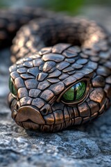 Fototapeta premium Close-up of a detailed bronze snake sculpture with vivid green eyes resting on a textured stone surface, AI
