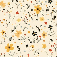 Fototapeta premium Seamless pattern with yellow, red, and blue wildflowers on a cream background.