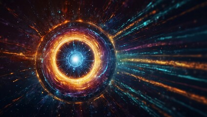 Obraz premium A vibrant cosmic scene features a luminous center surrounded by swirling rings of orange and blue energy, radiating outward.