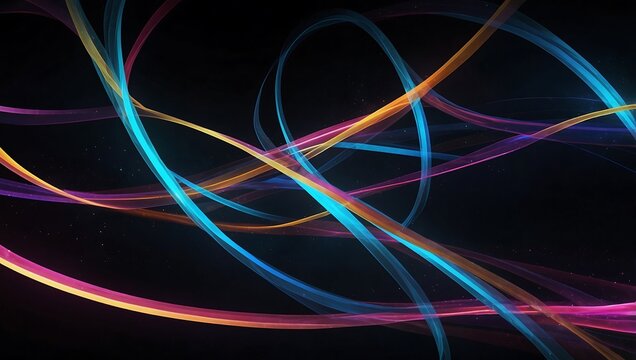 Vibrant, flowing lines in blue, pink, and yellow swirl across a dark background, creating a dynamic and colorful abstract design.