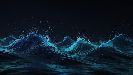 Naklejka premium Dark ocean waves rise and fall, illuminated by a blue glow, with splashes creating shimmering droplets in the air.