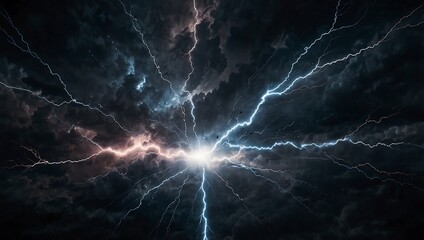 Dramatic lightning bolts radiate from a central point against a dark, stormy sky, creating a striking visual effect.