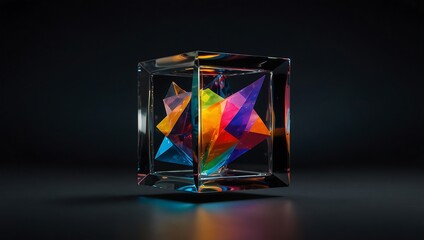 A colorful, geometric crystal cube containing vibrant, faceted shapes that reflect light against a dark background.