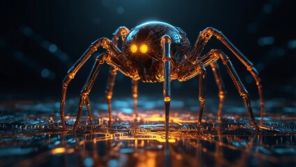 A futuristic robotic spider with glowing orange eyes and metallic limbs stands on a textured circuit board background.