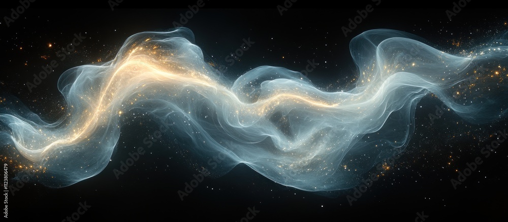 Poster abstract representation of cosmic waves with glowing elements in a dark background.