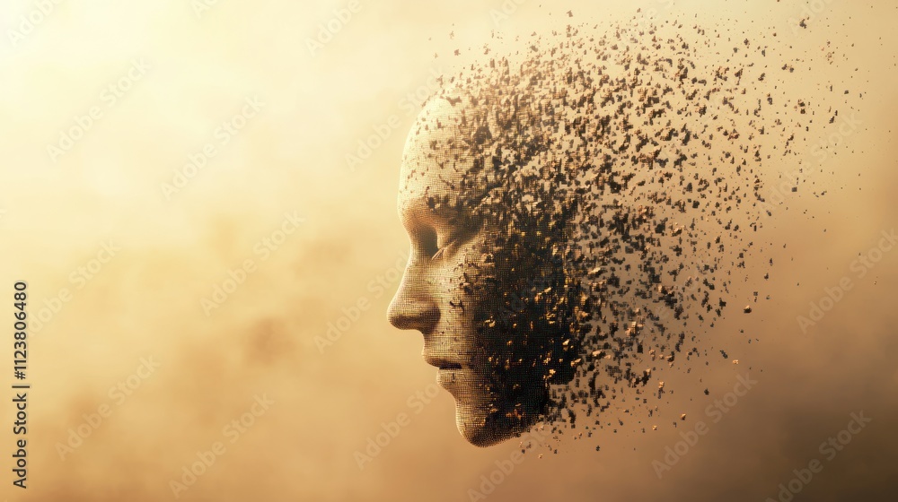 Poster a fragmented face dissolving into particles, symbolizing transformation and identity.