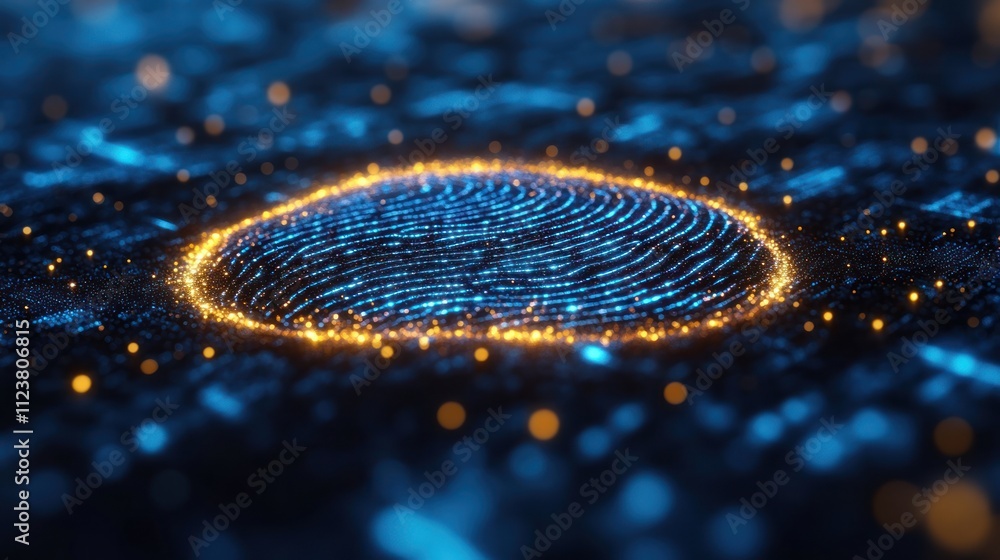 Poster a glowing fingerprint pattern amidst a digital background, symbolizing security and technology.