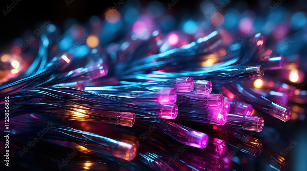 Poster a close-up of vibrant, illuminated wires creating a colorful light display.