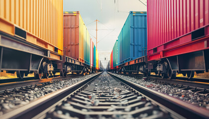 Obraz premium Train with many colorful cars on the tracks. The train is on a track with a lot of gravel