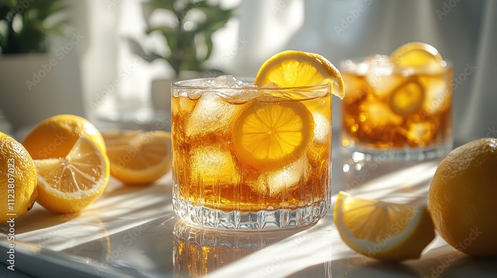 Poster refreshing drinks with lemon slices and ice in a bright setting.