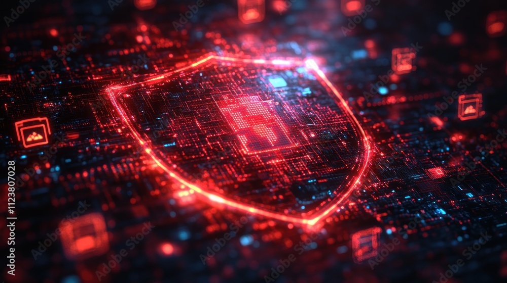 Poster a digital shield icon surrounded by a network of data, symbolizing cybersecurity.