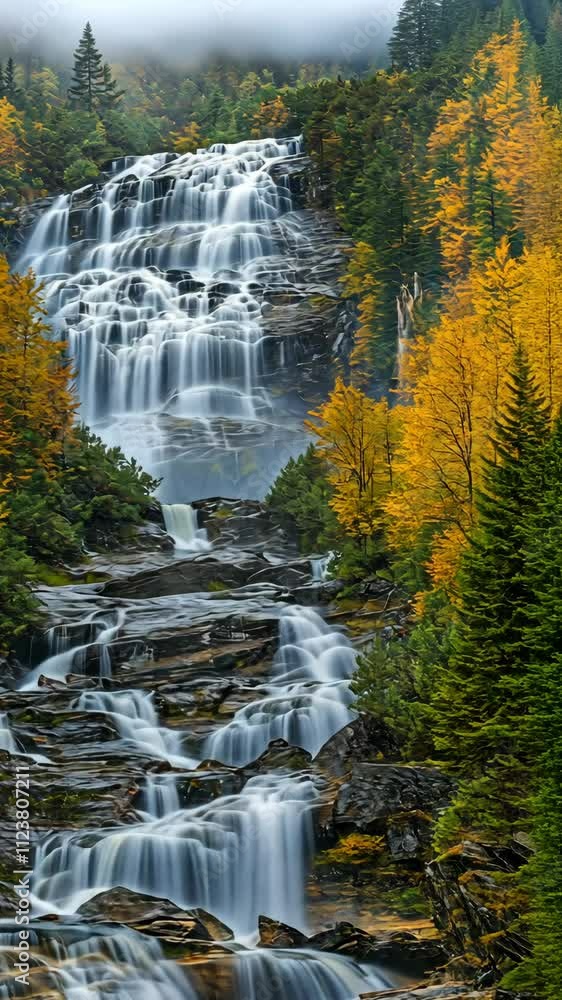 Poster cascading waterfall flows through vibrant autumn forest in a serene natural setting