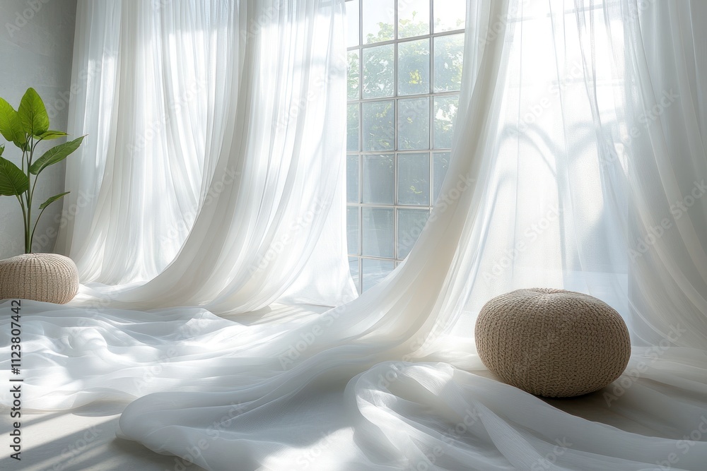 Poster a serene room with flowing curtains and soft light, creating a calm atmosphere.