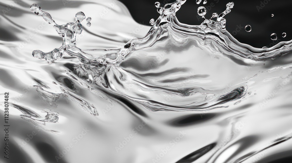 Poster a close-up of splashing water creating dynamic shapes and reflections.
