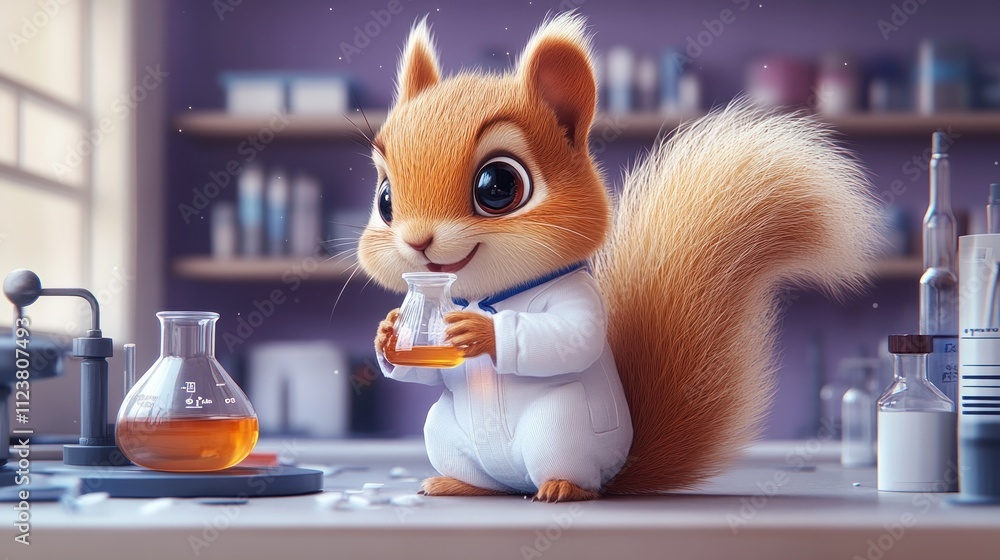 Poster a cute squirrel in a lab coat conducts an experiment with a flask in a scientific setting.