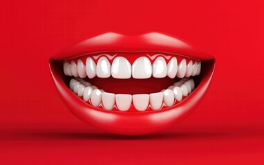A perfect white smile with shiny teeth highlighted on a bold red studio backdrop