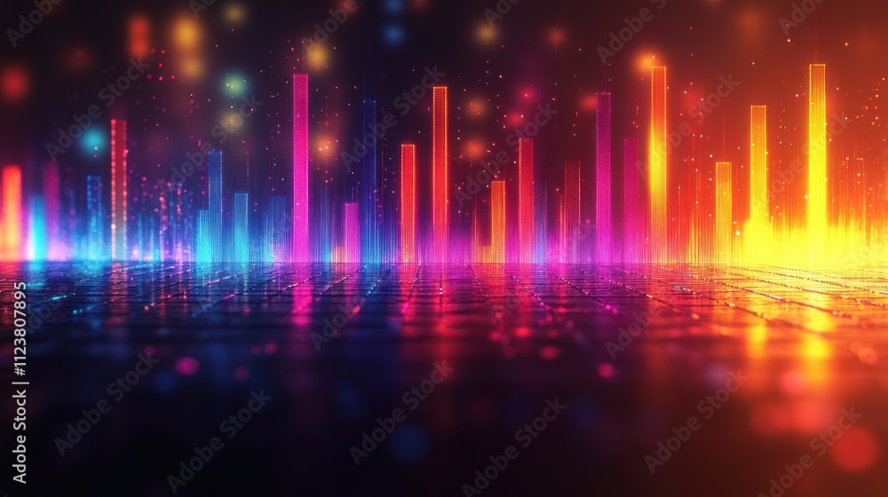 Poster vibrant audio visualization with colorful bars and sparkling lights.