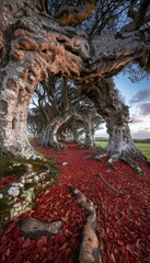 Fototapeta premium Winding forest path adorned with fallen leaves beneath tall, ancient trees arched above