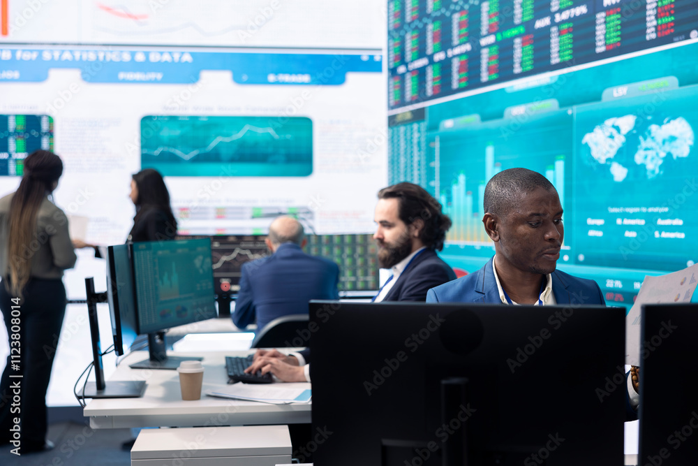 Poster business analyst looking into statistics and reports to detect any obstacles within the project stru