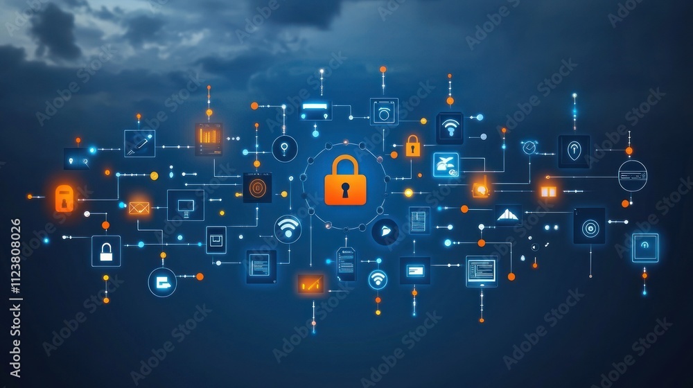 Aufkleber a digital network graphic emphasizing cybersecurity with interconnected icons.