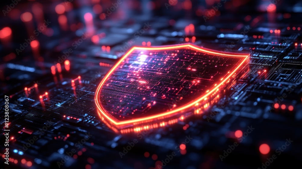Poster a digital shield symbolizing cybersecurity on a circuit board background.