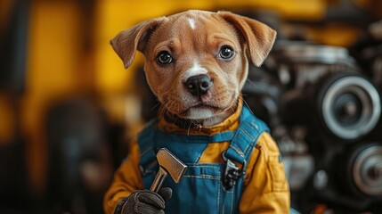 A cute puppy dressed in work attire, holding a wrench in a garage setting.
